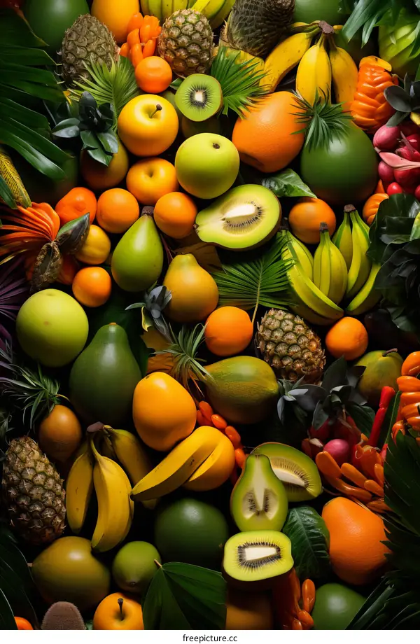 A wide variety of fruits including apples, bananas, pineapples, and oranges are depicted in this image.