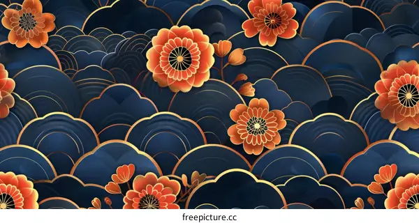 Blue and orange Asian style floral pattern background