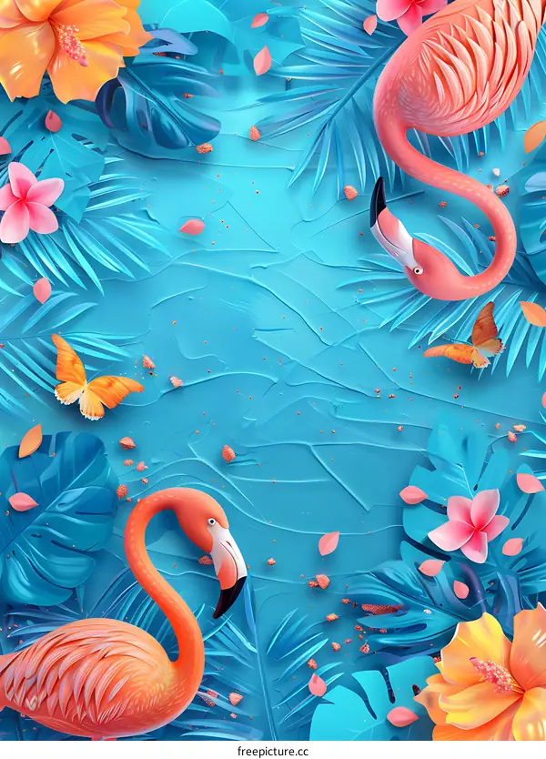 Tropical Summer Flamingo Flowers Blue Background