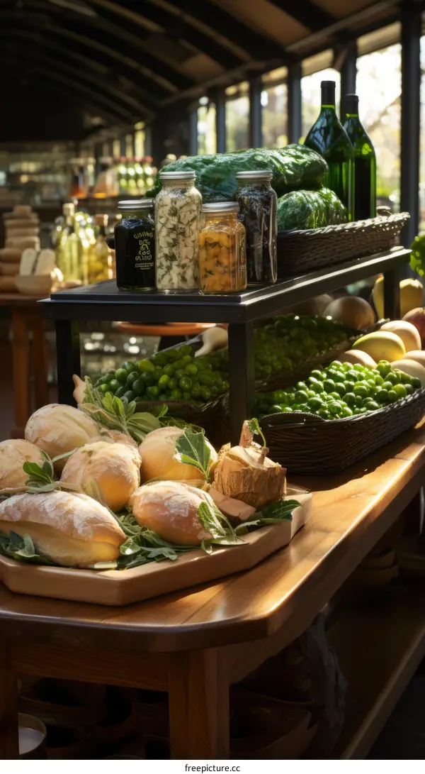 Bread loaf and vegetables in a basket on a wooden table