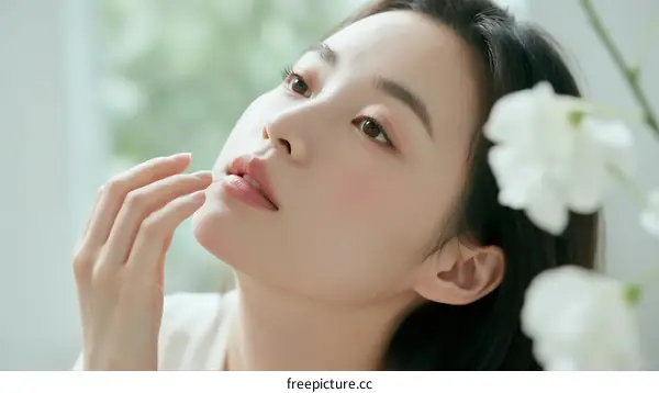 Beautiful Young Woman with Soft Skin and White Flowers