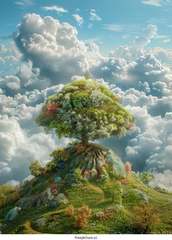Fantasy landscape with a large ancient tree on a hilltop overlooking a valley