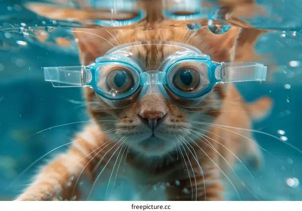 Orange Cat Wearing Blue Goggles While Swimming Underwater