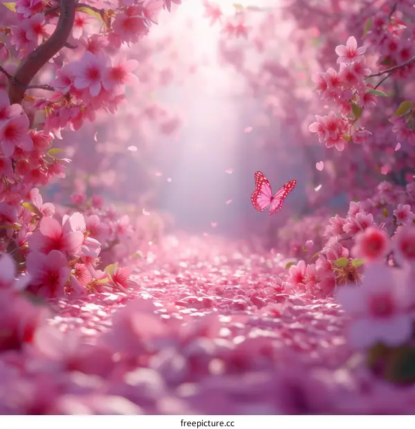 Pink cherry blossom petals and a pink butterfly in a beautiful spring garden