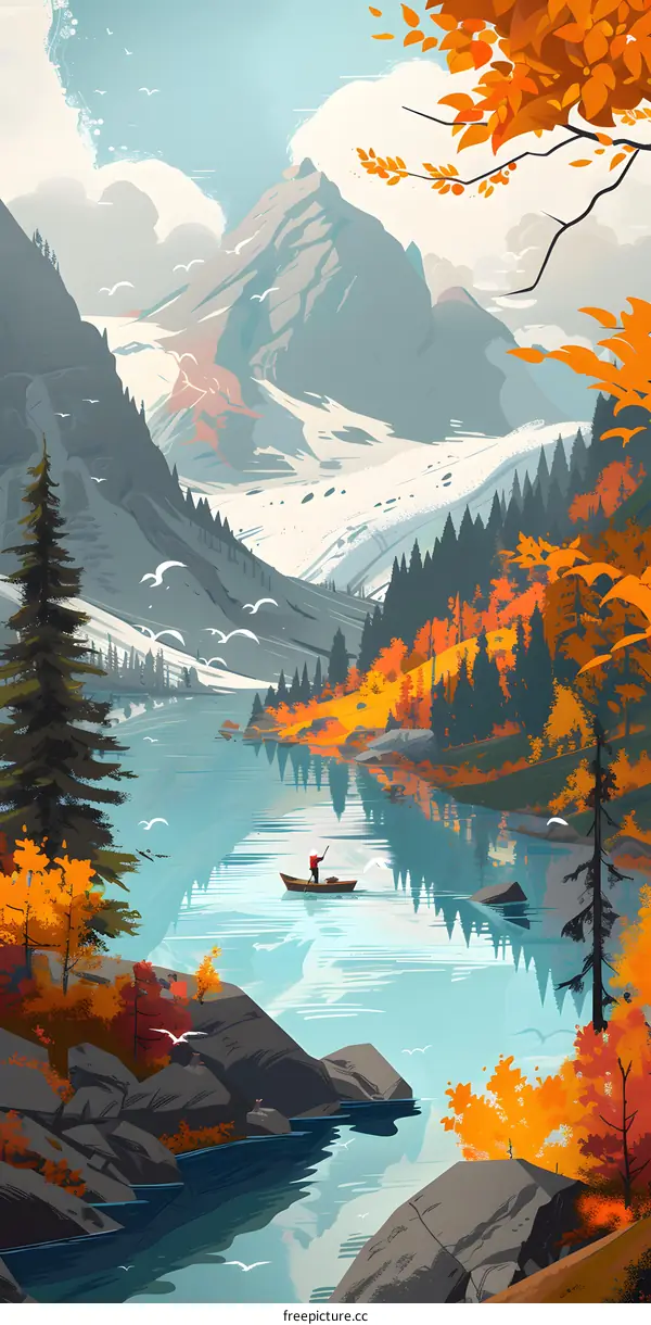 Autumn Mountain Landscape With Man Rowing Boat In Lake