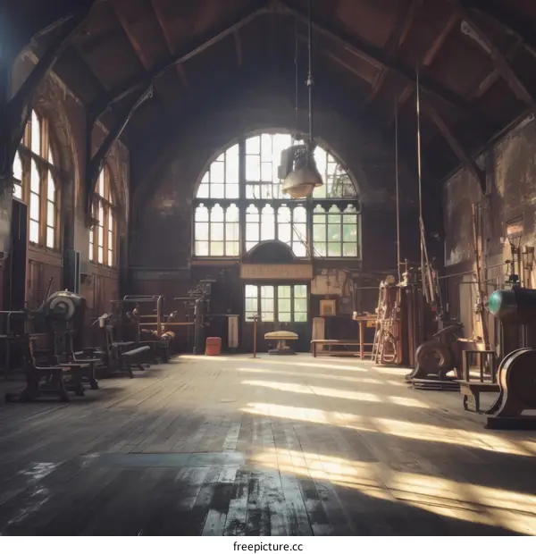 An empty vintage room with large windows and wooden floor