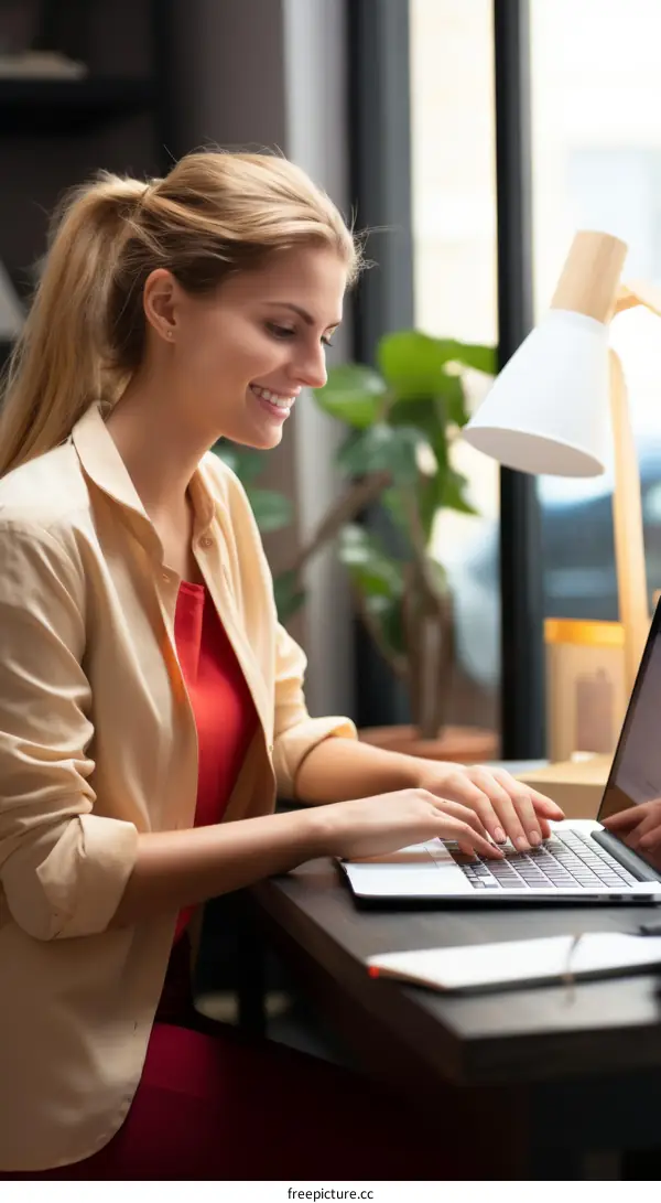 Blonde woman in red dress working on laptop