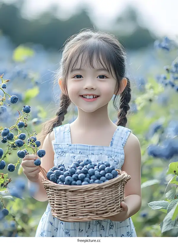 Little Girl Picking Blueberries in a Field
