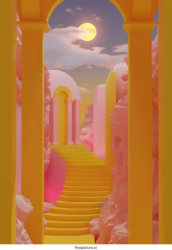 Abstract Surrealist Archway with Steps Leading to a Moonlit Sky