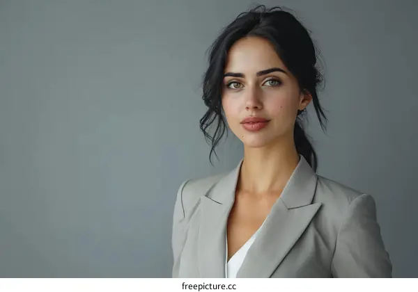 A young woman in a suit jacket with dark hair and green eyes is looking at the camera with a slight smile.