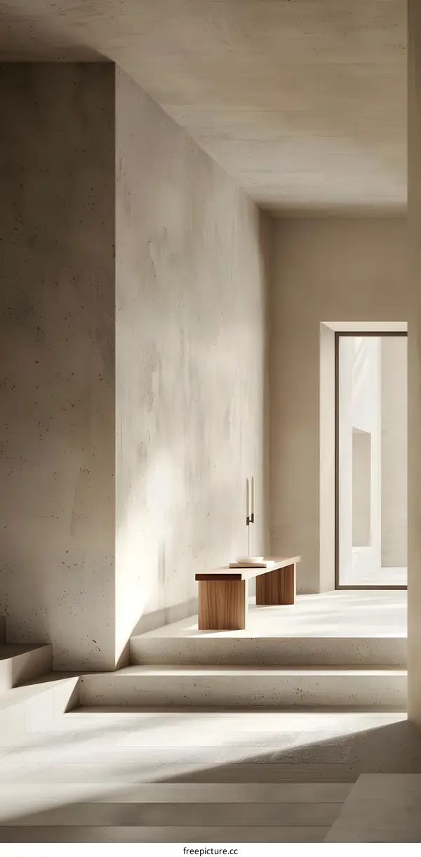 Minimalist Concrete Interior Design with Wooden Bench and Sunlight