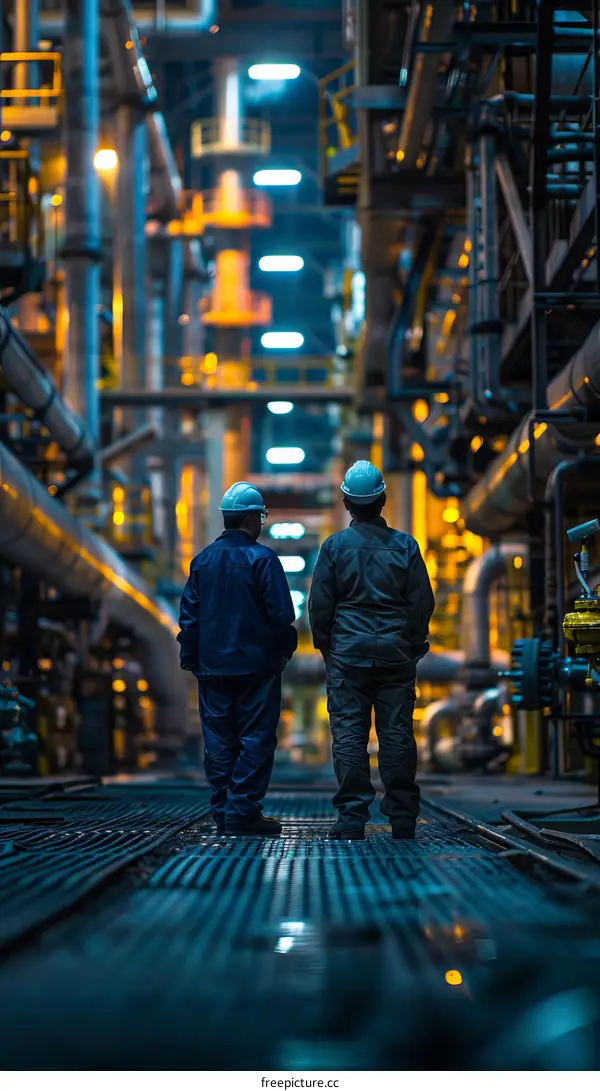 Two workers in hard hats looking at an industrial plant