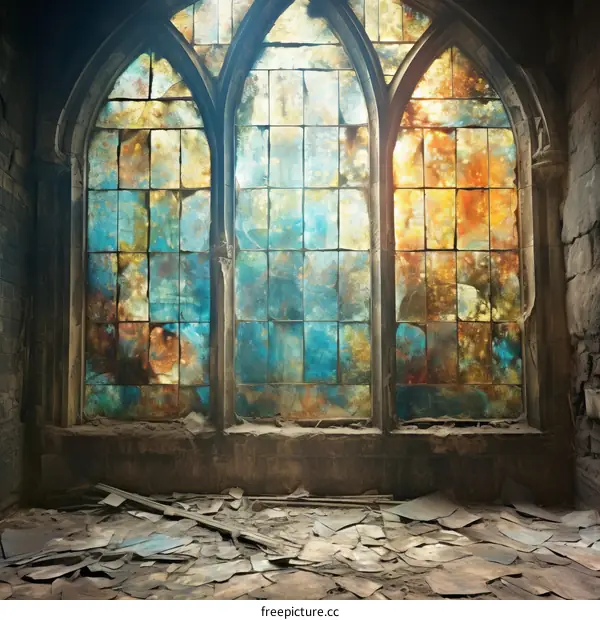 stained glass window in ruined church
