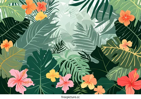 Tropical Leaves and Flowers Illustration
