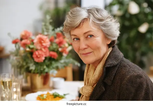Senior Woman Enjoying a Relaxed Dinner Setting