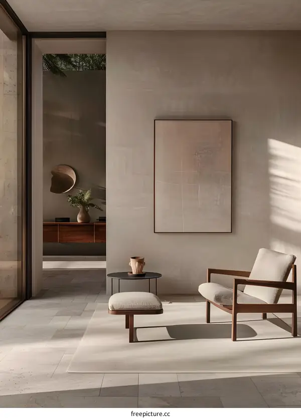 Modern Minimalist Living Room Interior Design with Wooden Chair and Beige Rug