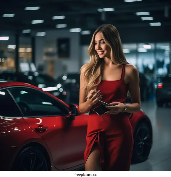 Elegant woman in red dress standing next to a red sports car in a showroom