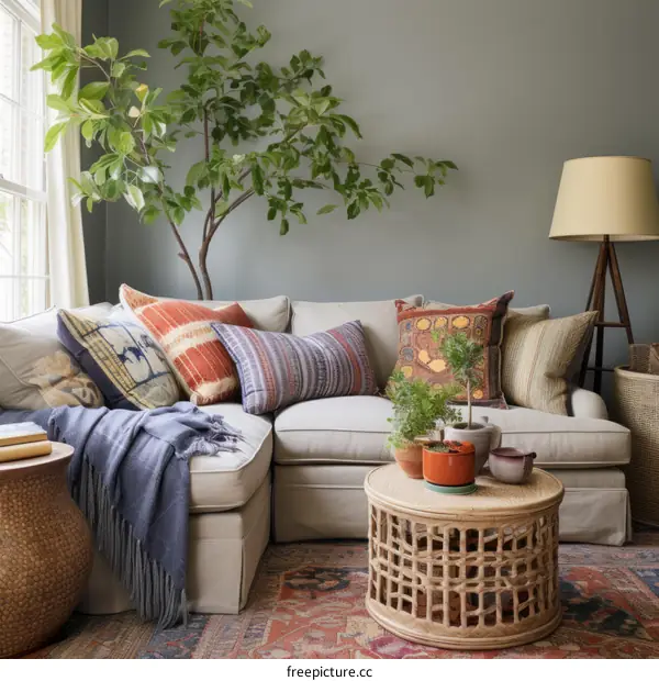A living room with a large green plant in the corner, a sofa with lots of pillows, and a round coffee table with a few plants on it.