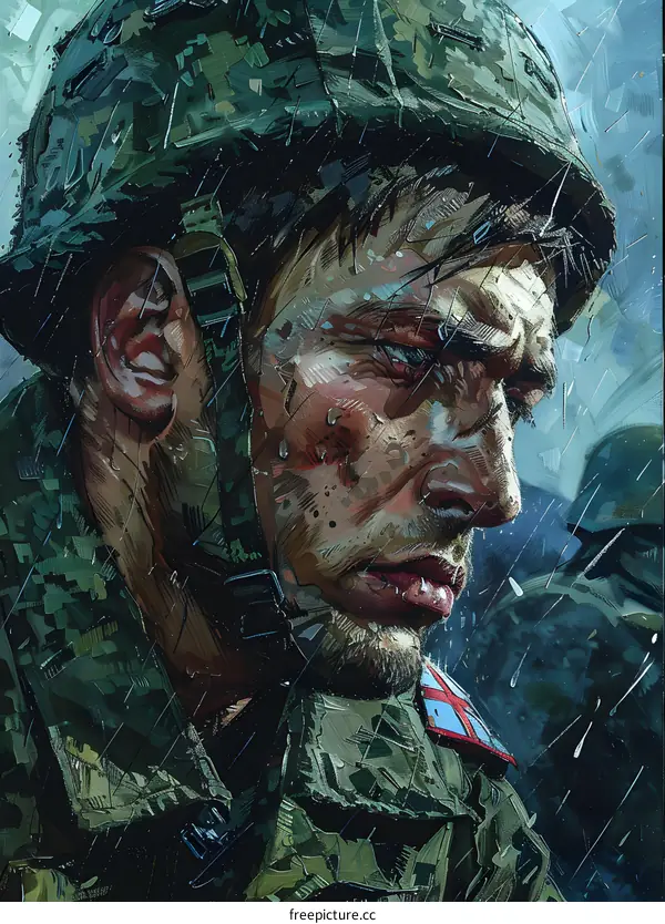 A soldier wearing a camouflage helmet with a red cross on his arm