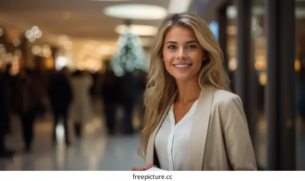 Portrait of a beautiful young woman with blonde hair and blue eyes, wearing a white blouse and beige blazer, smiling at the camera.