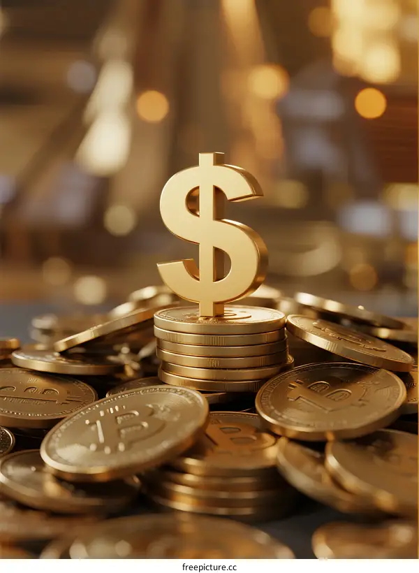 Stack of golden coins with dollar sign and Bitcoin concept
