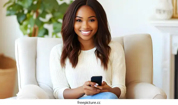 Happy Woman Using Smartphone in Cozy Living Room