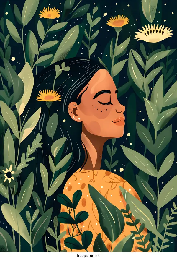 Woman Surrounded by Lush Green Foliage