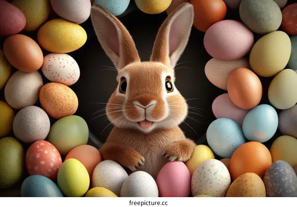 Cute Easter Bunny surrounded by colorful eggs
