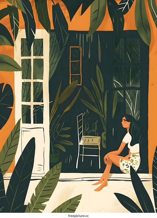 Woman Sitting in a Chair with Tropical Plants Around Her