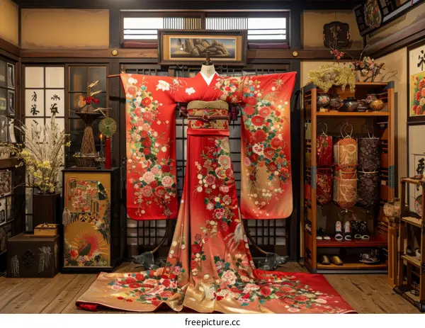 A kimono with a floral pattern displayed in a traditional Japanese room