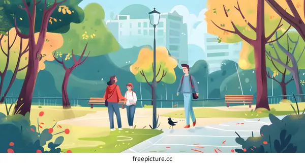 Cartoon Illustration of People Walking in a Park