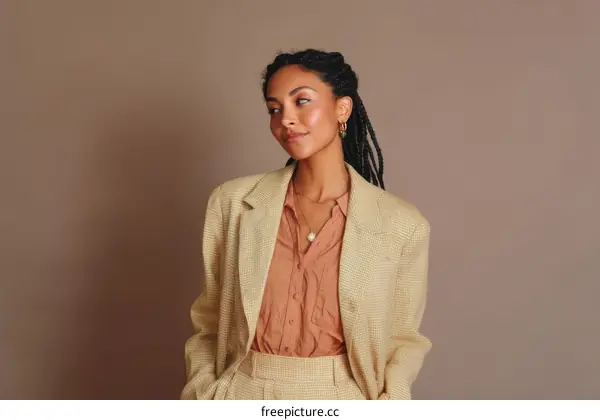 Elegant Woman in Beige Business Outfit Against Neutral Background