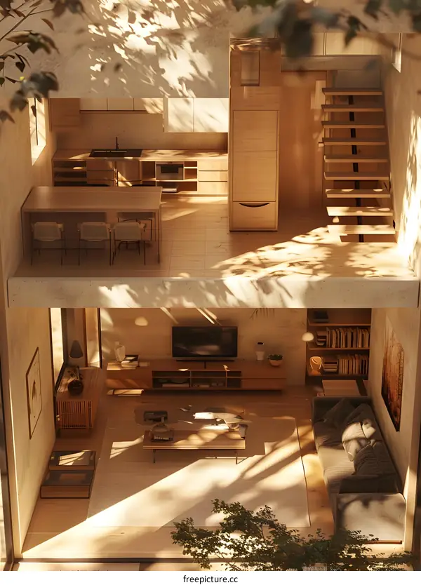 Sunlight shining through the trees into a two-story house