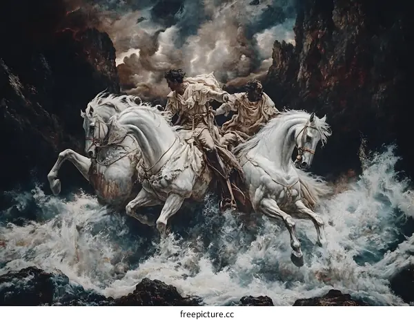 Two Men Riding White Horses Through Stormy Waves