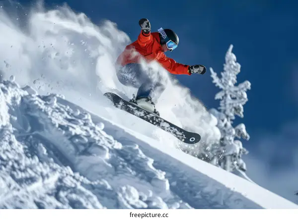 Snowboarding Down a Snowy Mountain Slope