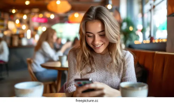 Young woman sitting in a cafe smiling at her phone