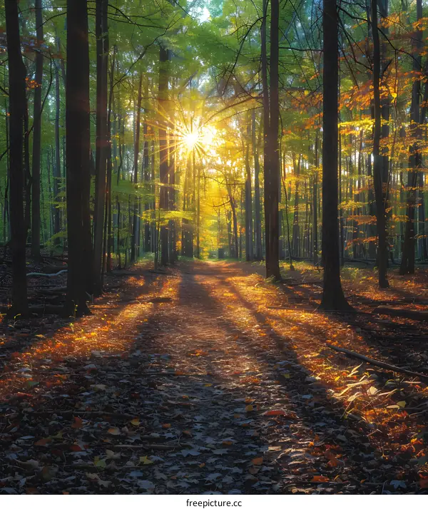Forest Path With Sun Rays In Autumn