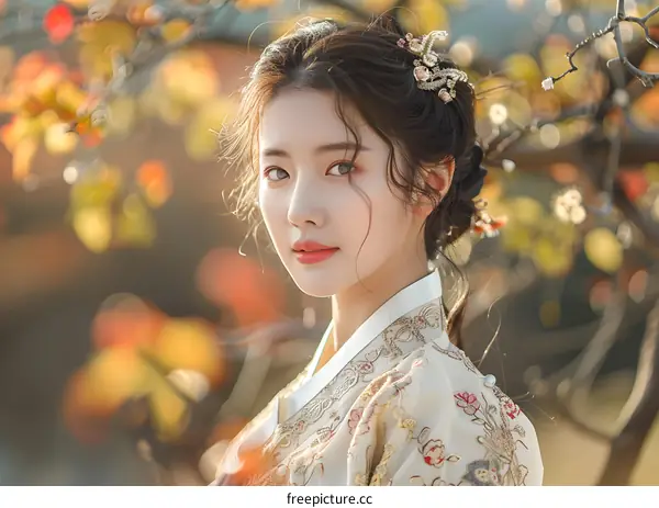 Portrait of a young woman in traditional Korean dress, or Hanbok