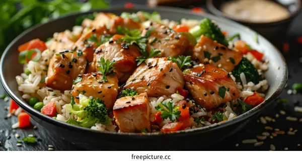 Healthy Salmon Teriyaki Bowl with Rice and Veggies