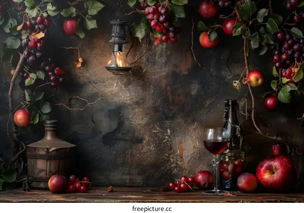 Still life with grapes, apples and wine