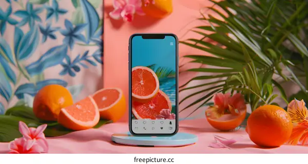 Summer Phone on a Wireless Charger with Tropical Plants and Oranges