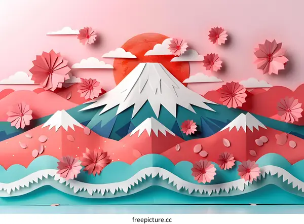 Pink paper cut out illustration of mount Fuji with cherry blossoms