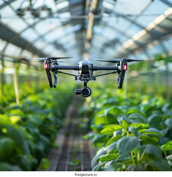 Flying drone over a greenhouse full of green plants