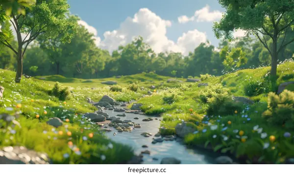 Small river meandering through a verdant meadow