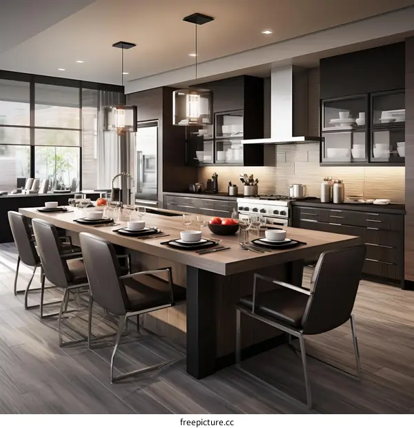 Modern kitchen with dark wood cabinets and stainless steel appliances