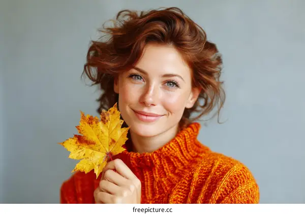 Autumn Woman with Maple Leaf Portrait