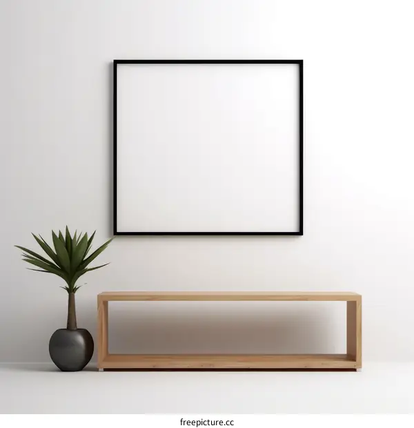 Modern Minimalist Interior Mockup with Black Frame, Wooden Shelf, and Plant