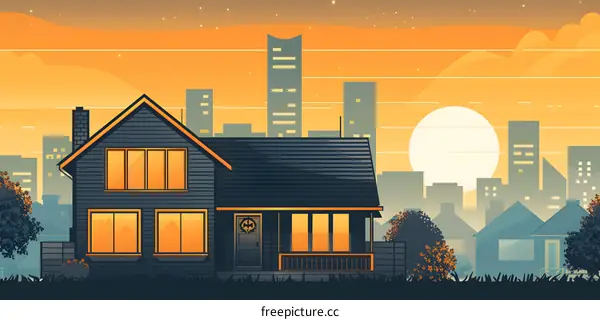 House with City Skyline in Sunset Background