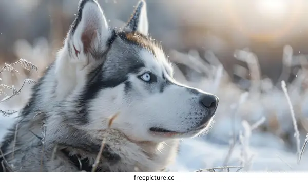 A Blue-Eyed Siberian Husky Dog Poses in a Snowy Environment