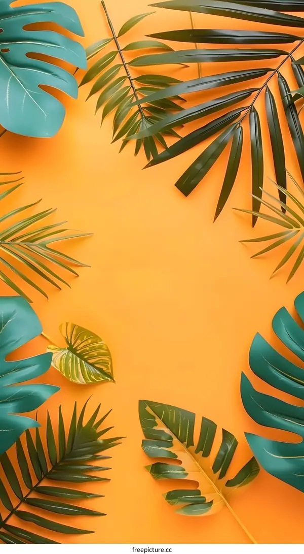Tropical Leaves on Orange Background
